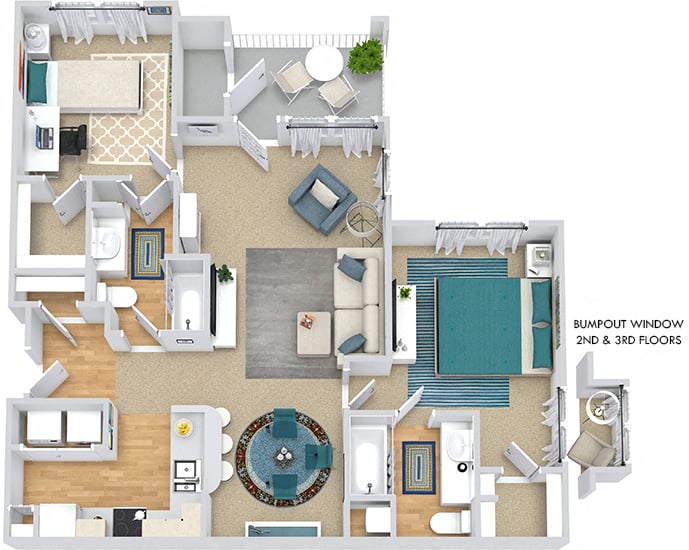 Honeysuckle 3D. 2 bedroom apartment. Kitchen with bartop open to living/dinning rooms. 2 full bathrooms. Walk-in closets. Patio/balcony with storage.
